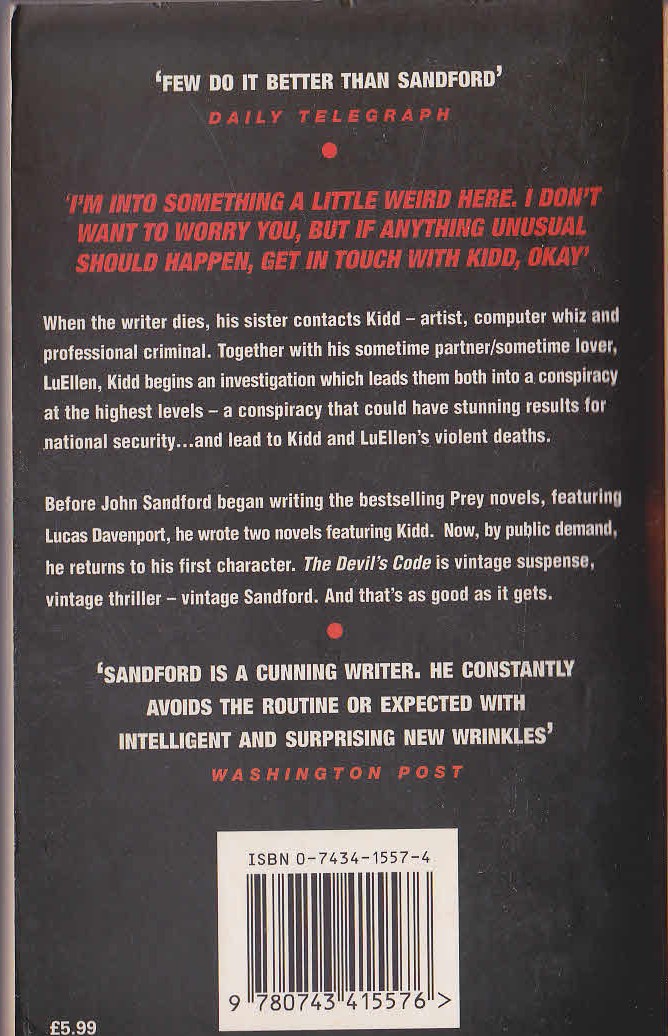 John Sandford  THE DEVIL'S CODE magnified rear book cover image