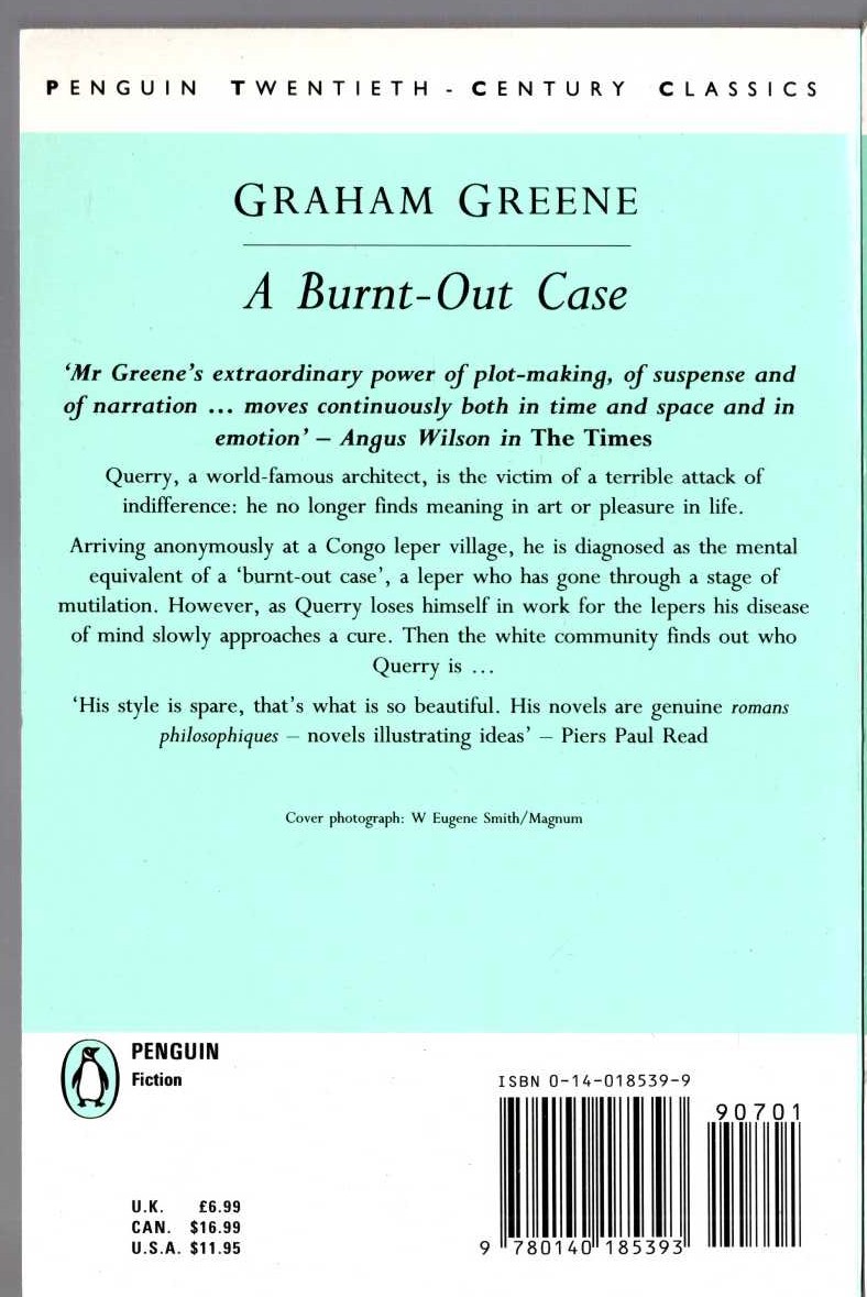Graham Greene  A BURNT-OUT CASE magnified rear book cover image