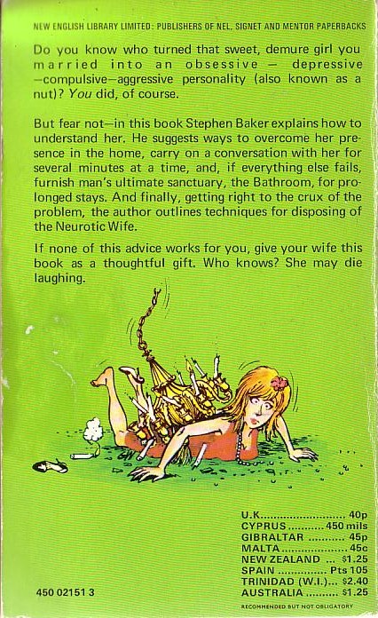 Stephen Baker  HOW TO LIVE WITH A NEUROTIC WIFE magnified rear book cover image
