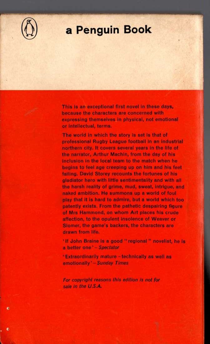 David Storey  THIS SPORTING LIFE magnified rear book cover image