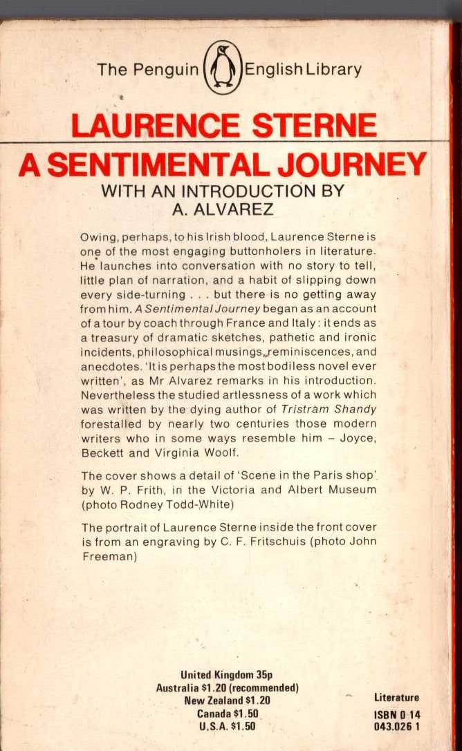 Laurence Sterne  A SENTIMENTAL JOURNEY Through France and Italy magnified rear book cover image