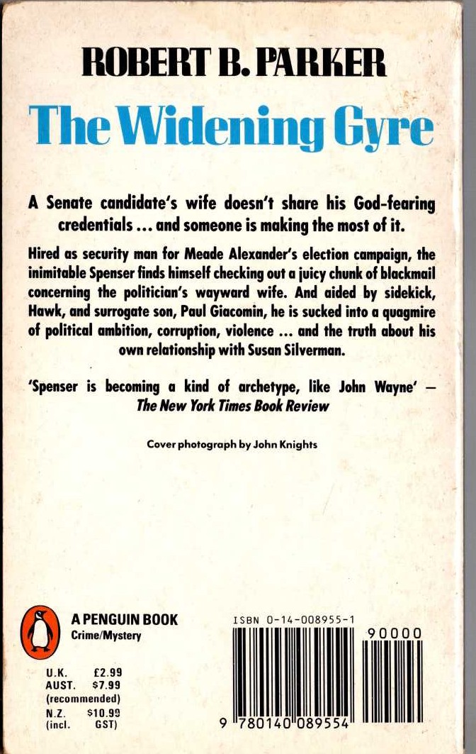 Robert B. Parker  THE WIDENING GYRE magnified rear book cover image