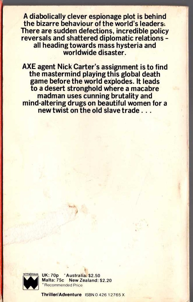 Nick Carter  THE SLAVEMASTER magnified rear book cover image