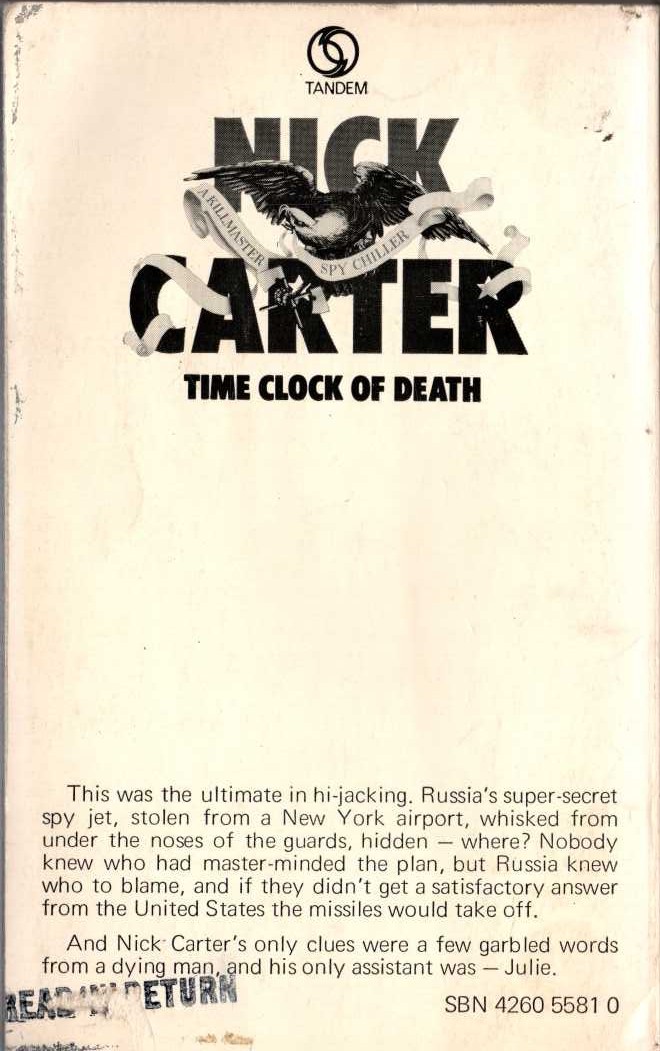 Nick Carter  TIME CLOCK OF DEATH magnified rear book cover image