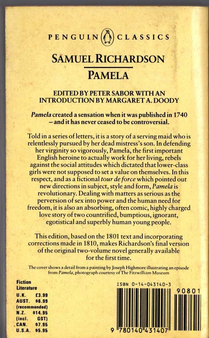 Samuel Richardson  PAMELA magnified rear book cover image