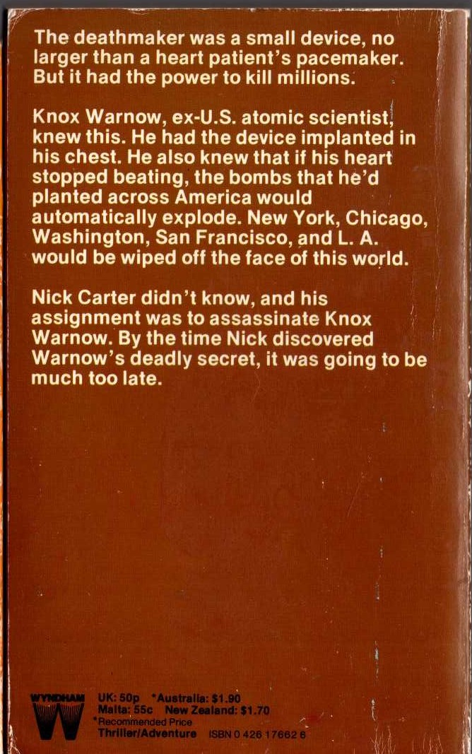 Nick Carter  THE DEATH'S HEAD CONSPIRACY magnified rear book cover image