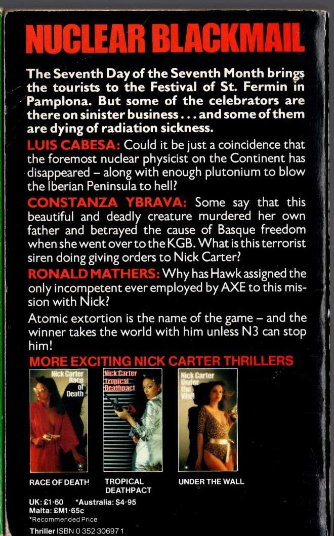 Nick Carter  THE PAMPLONA AFFAIR magnified rear book cover image