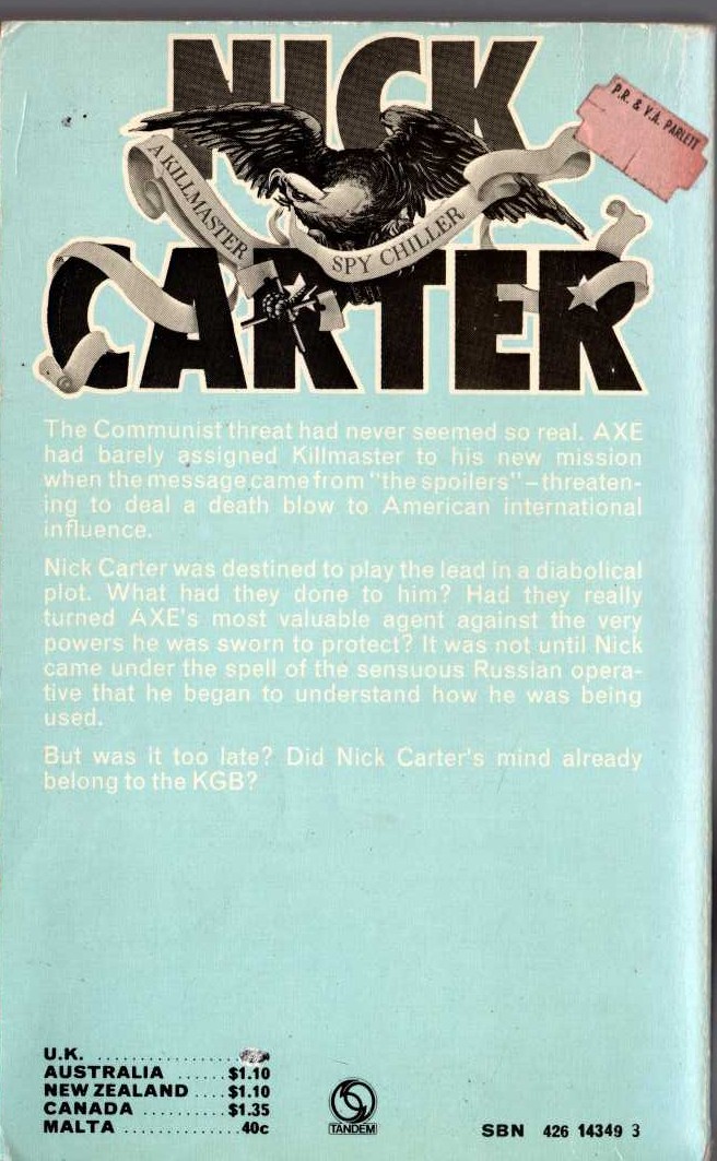 Nick Carter  AGENT COUNTER-AGENT magnified rear book cover image