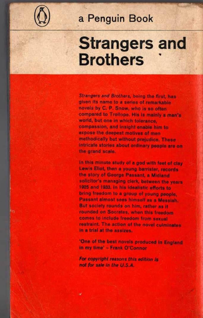 C.P. Snow  STRANGERS AND BROTHERS magnified rear book cover image