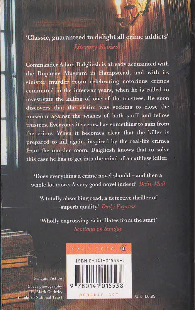 P.D. James  THE MURDER ROOM magnified rear book cover image