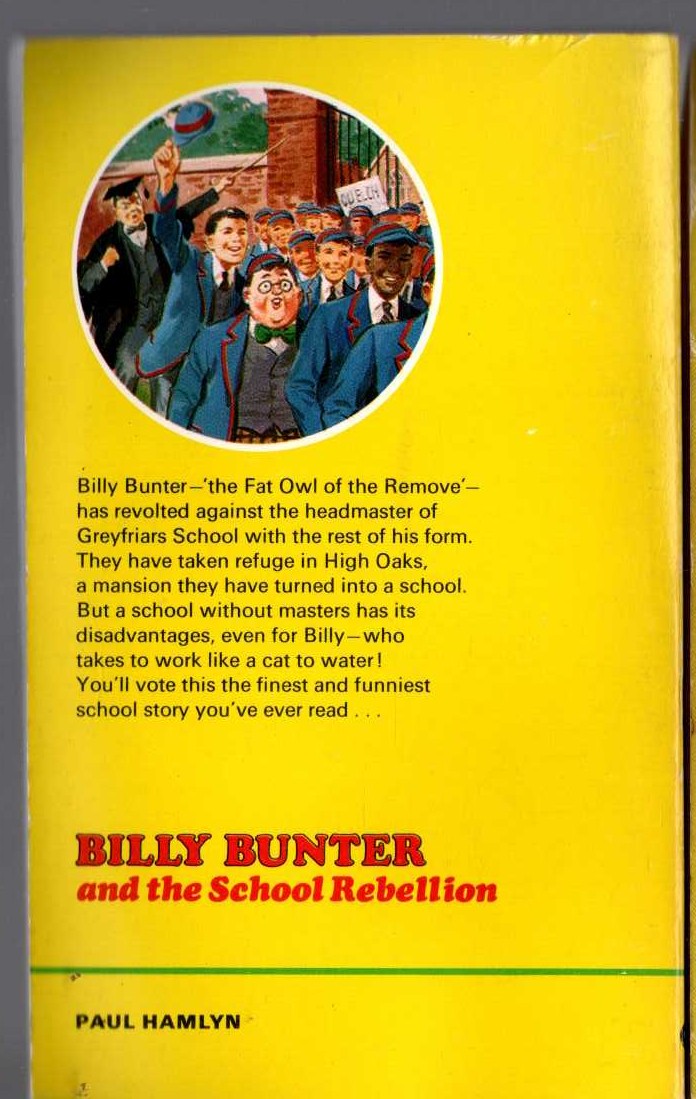 Frank Richards  BILLY BUNTER AND THE SCHOOL REBELLION magnified rear book cover image