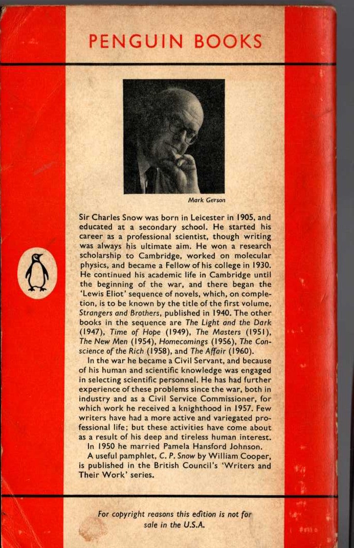 C.P. Snow  THE CONSCIENCE OF THE RICH magnified rear book cover image