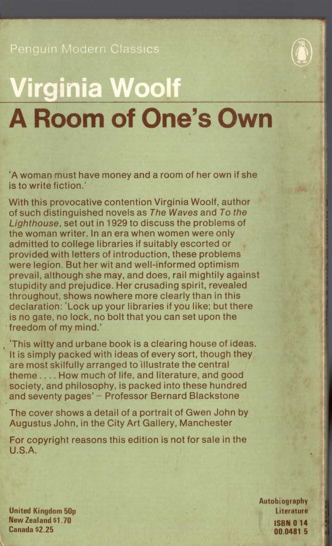 Virginia Woolf  A ROOM OF ONE'S OWN magnified rear book cover image
