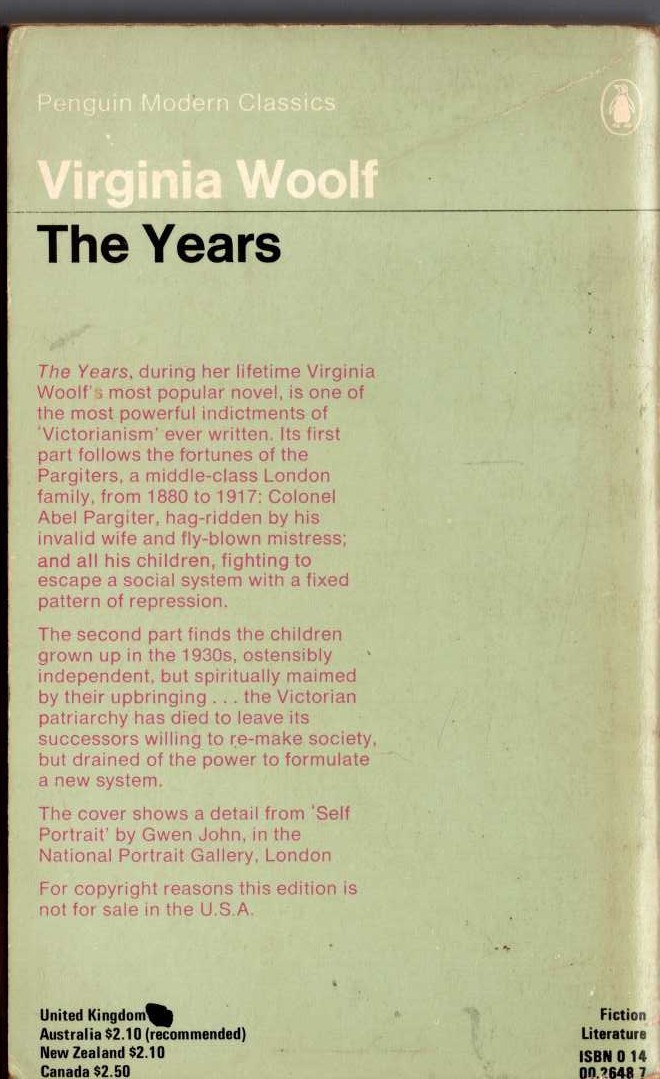 Virginia Woolf  THE YEARS magnified rear book cover image