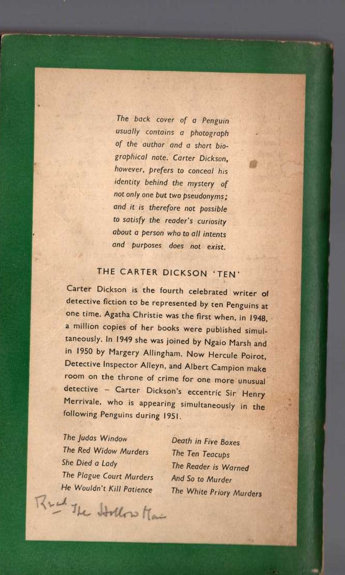 Carter Dickson  THE PLAGUE COURT MURDERS magnified rear book cover image