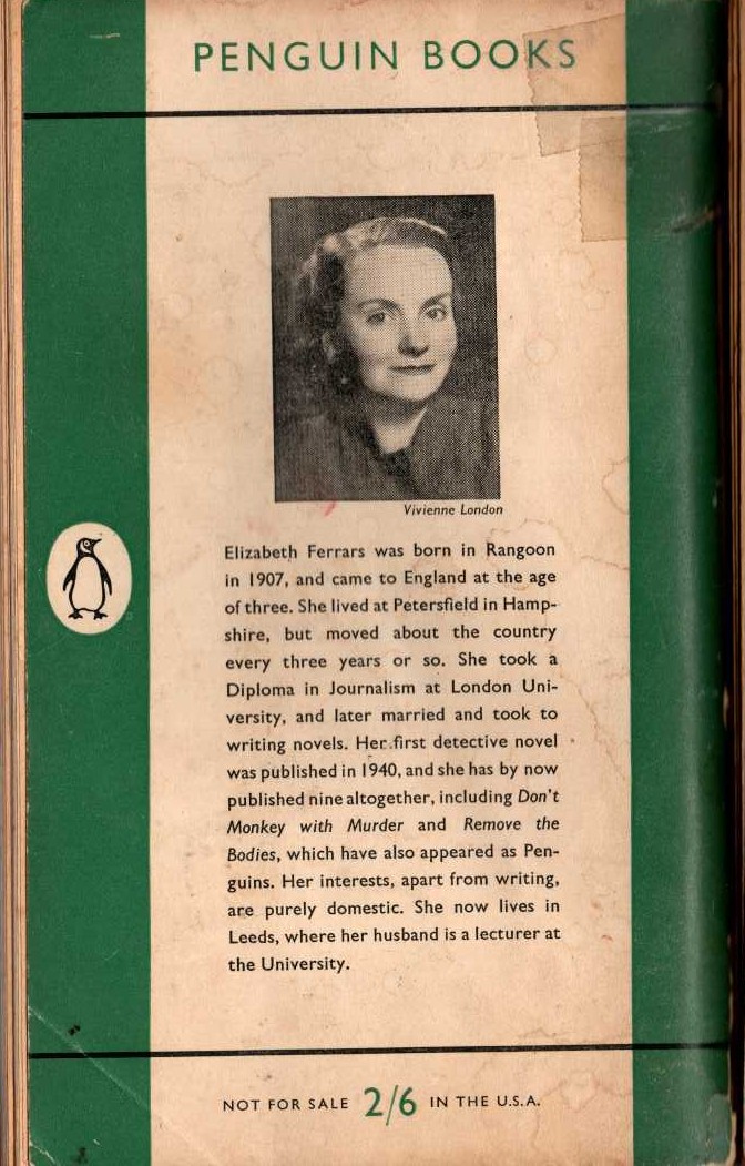 Elizabeth Ferrars  MURDER IN TIME magnified rear book cover image