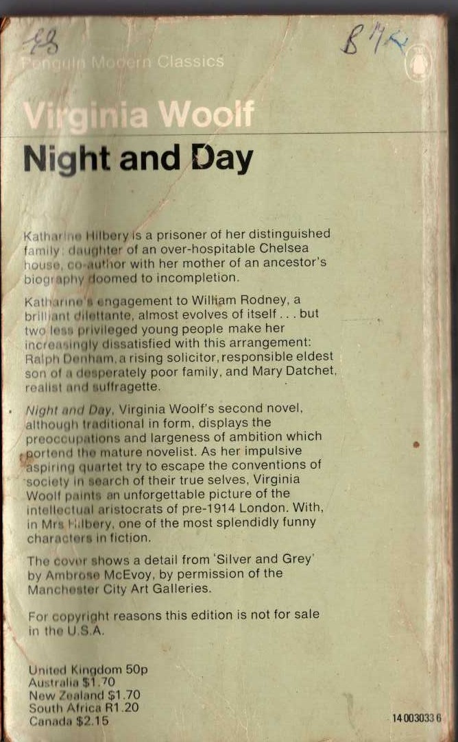 Virginia Woolf  NIGHT AND DAY magnified rear book cover image