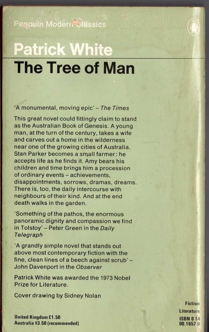 Patrick White  THE TREE OF MAN magnified rear book cover image