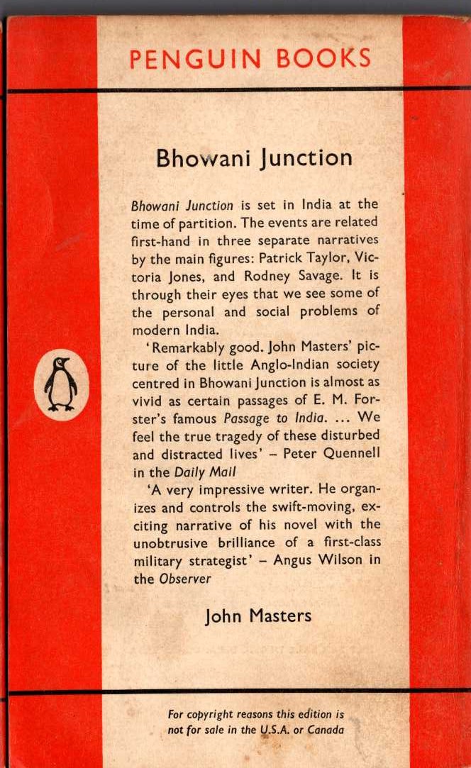 John Masters  BHOWANI JUNCTION magnified rear book cover image