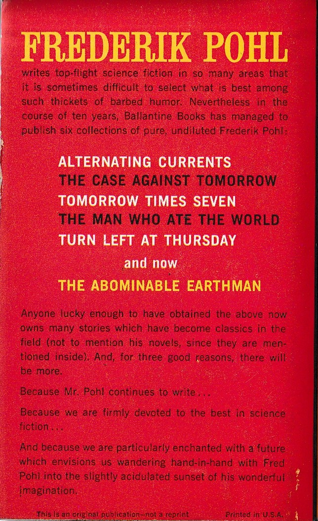 Frederik Pohl  THE ABOMINABLE EARTHMAN (Sci-Fi collection) magnified rear book cover image