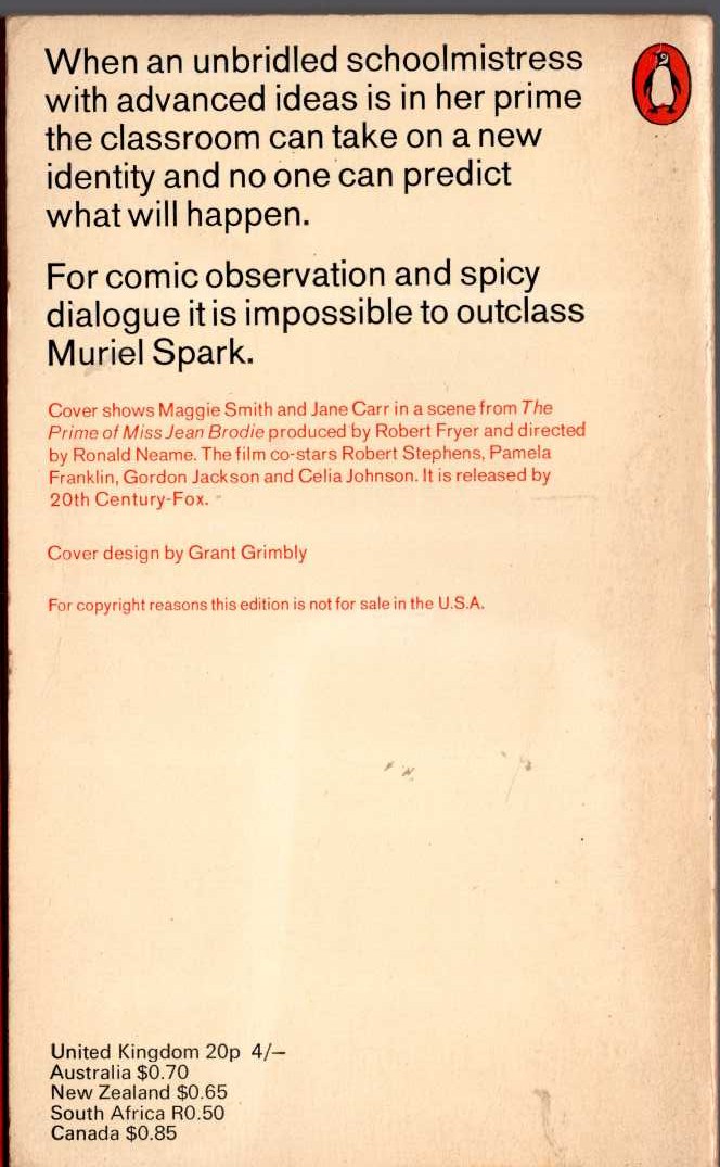 Muriel Spark  THE PRIME OF MISS JEAN BRODIE (Film tie-in: Maggie Smith) magnified rear book cover image