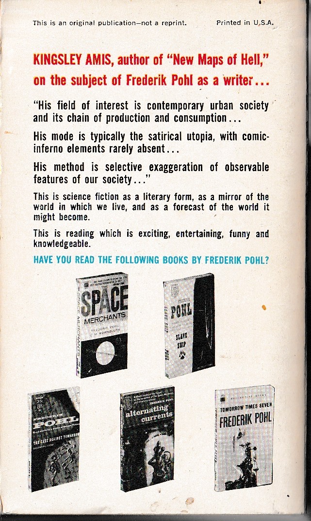 Frederik Pohl  THE MAN WHO ATE THE WORLD (Short stories) magnified rear book cover image