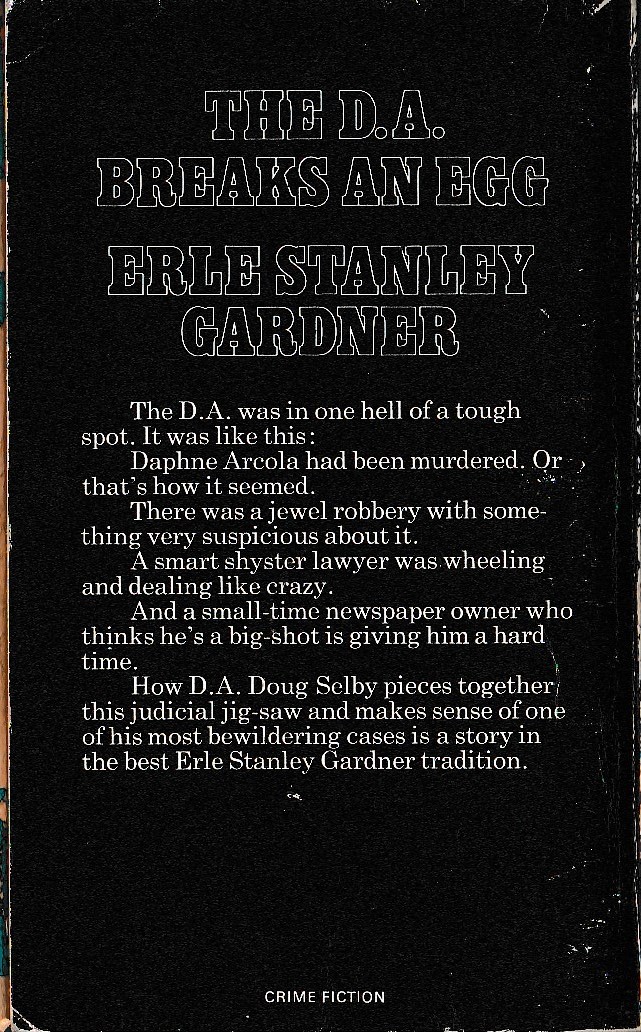 Erle Stanley Gardner  THE D.A. BREAKS AN EGG magnified rear book cover image