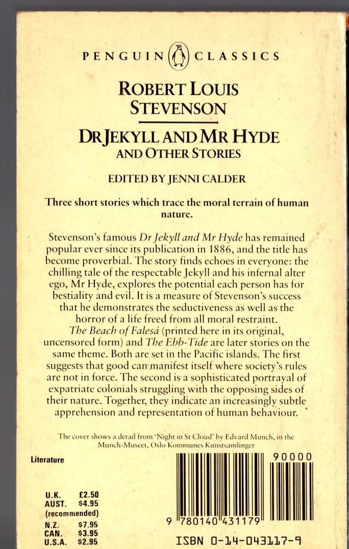 Robert Louis Stevenson  DR JEKYLL AND MT HYDE and Other Stories magnified rear book cover image