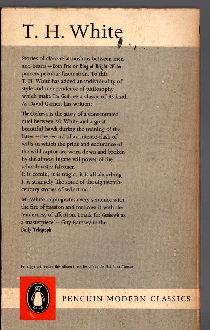 T.H. White  THE GOSHAWK magnified rear book cover image