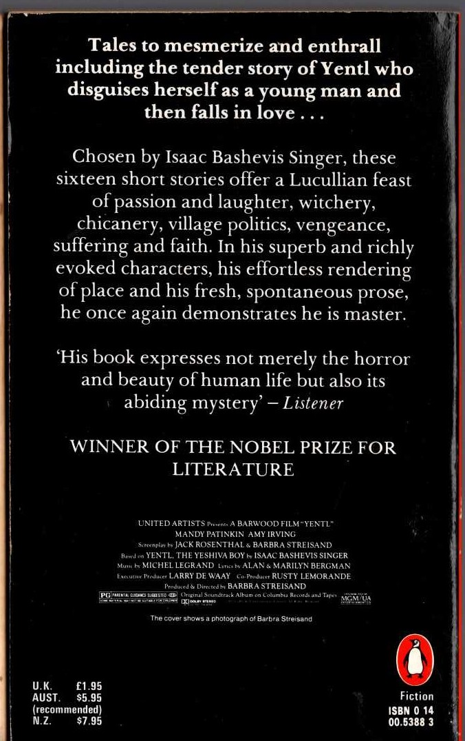 Isaac Bashevis Singer  SHORT FRIDAY and other stories (Film tie-in) magnified rear book cover image