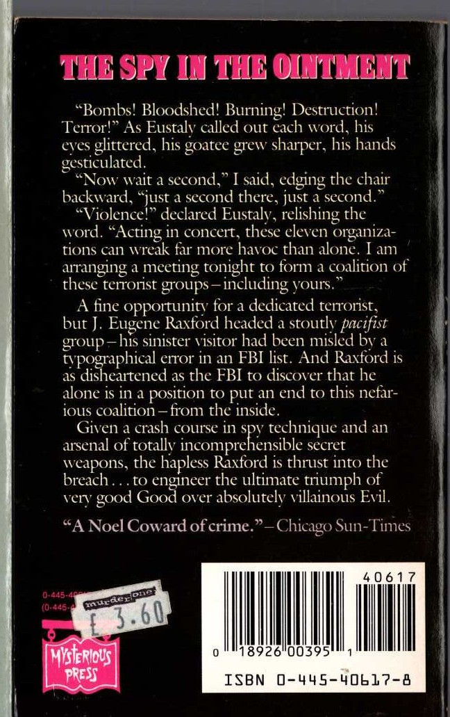 Donald E. Westlake  THE SPY IN THE OINTMENT magnified rear book cover image