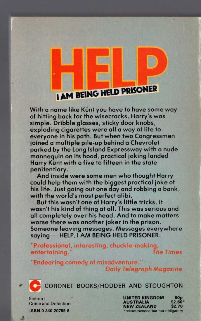 Donald E. Westlake  HELP, I AM BEING HELD PRISONER magnified rear book cover image