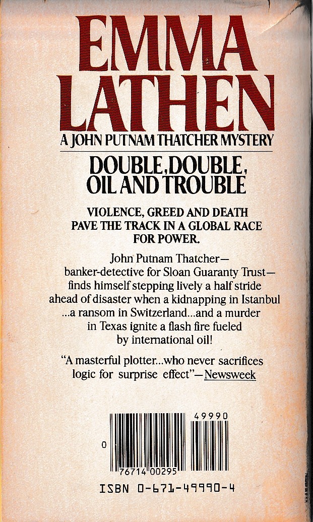 Emma Lathen  DOUBLE, DOUBLE, OIL AND TROUBLE magnified rear book cover image
