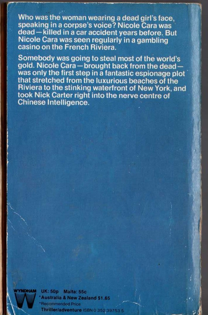 Nick Carter  THE MAN WHO SOLD DEATH magnified rear book cover image