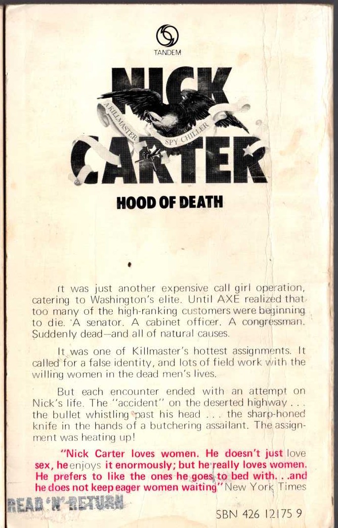 Nick Carter  HOOD OF DEATH magnified rear book cover image