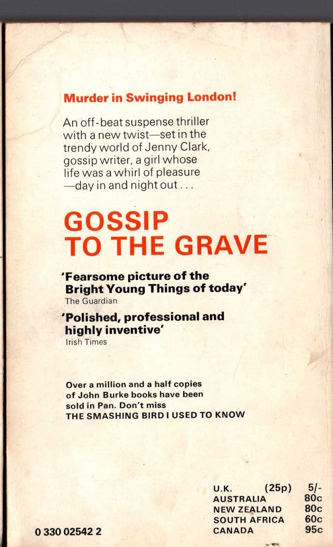 John Burke  GOSSIP TO THE GRAVE magnified rear book cover image