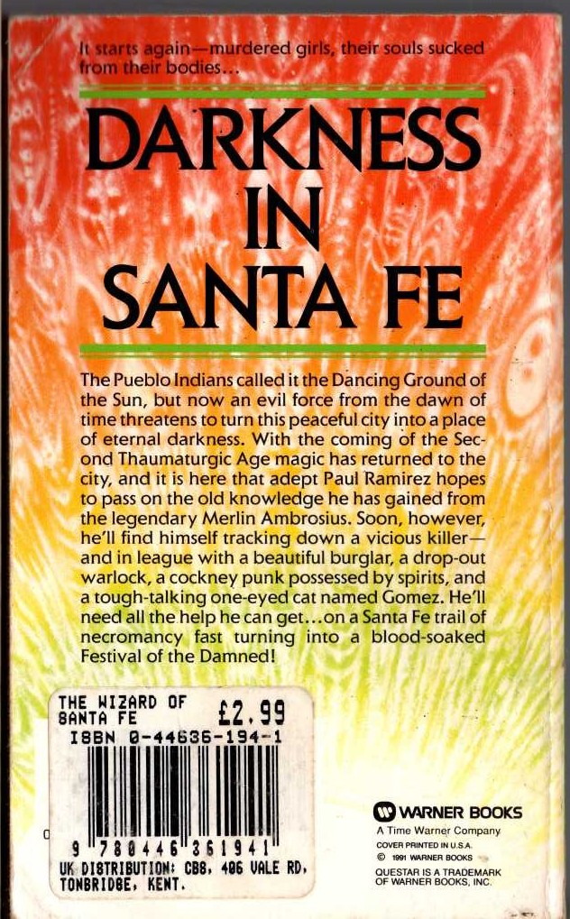 Simon Hawke  THE WIZARD OF SANTA FE magnified rear book cover image