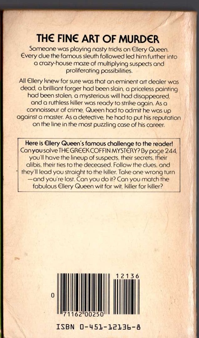Ellery Queen  THE GREEK COFFIN MYSTERY magnified rear book cover image