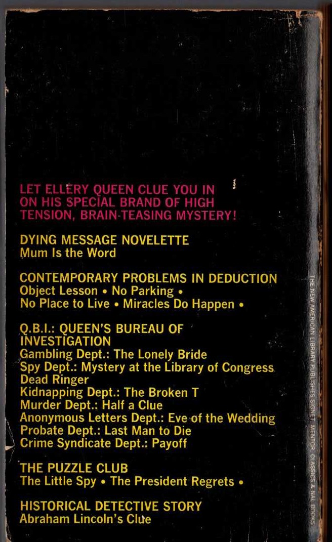 Ellery Queen  Q.E.D. (Queen's Experiments in Detection) magnified rear book cover image