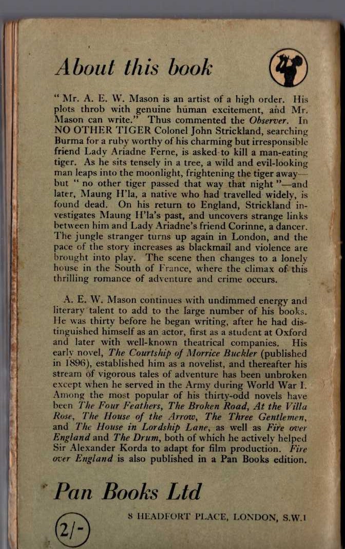 A.E.W. Mason  NO OTHER TIGER magnified rear book cover image