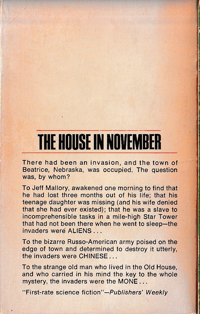 Keith Laumer  THE HOUSE IN NOVEMBER magnified rear book cover image