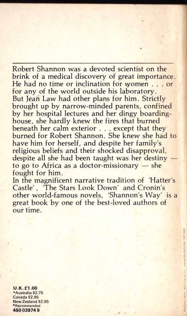 A.J. Cronin  SHANNON'S WAY magnified rear book cover image