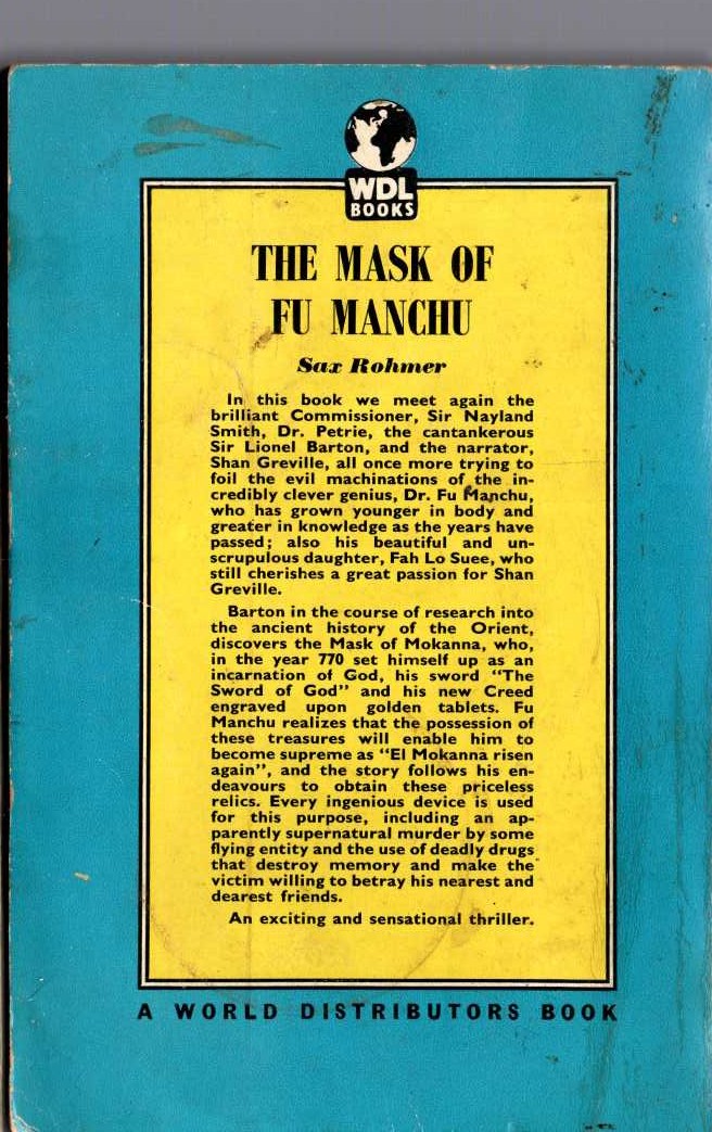 Sax Rohmer  THE MASK OF FU-MANCHU magnified rear book cover image
