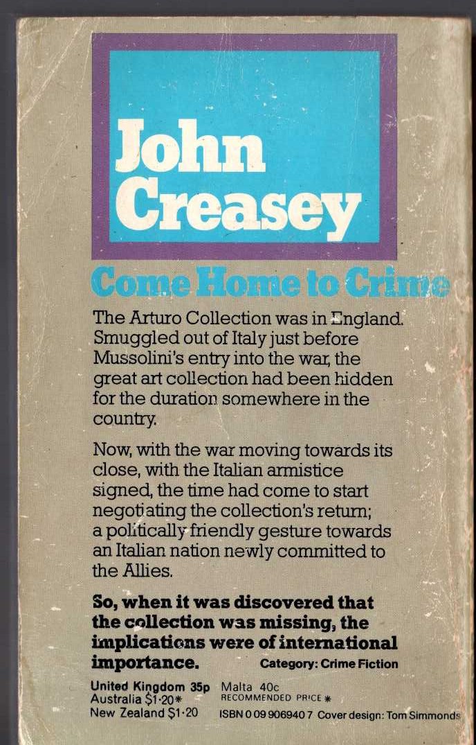 John Creasey  COME HOME TO CRIME magnified rear book cover image