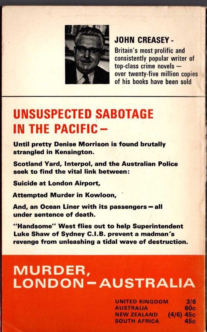 John Creasey  MURDER, LONDON - AUSTRALIA (Superintendent West) magnified rear book cover image