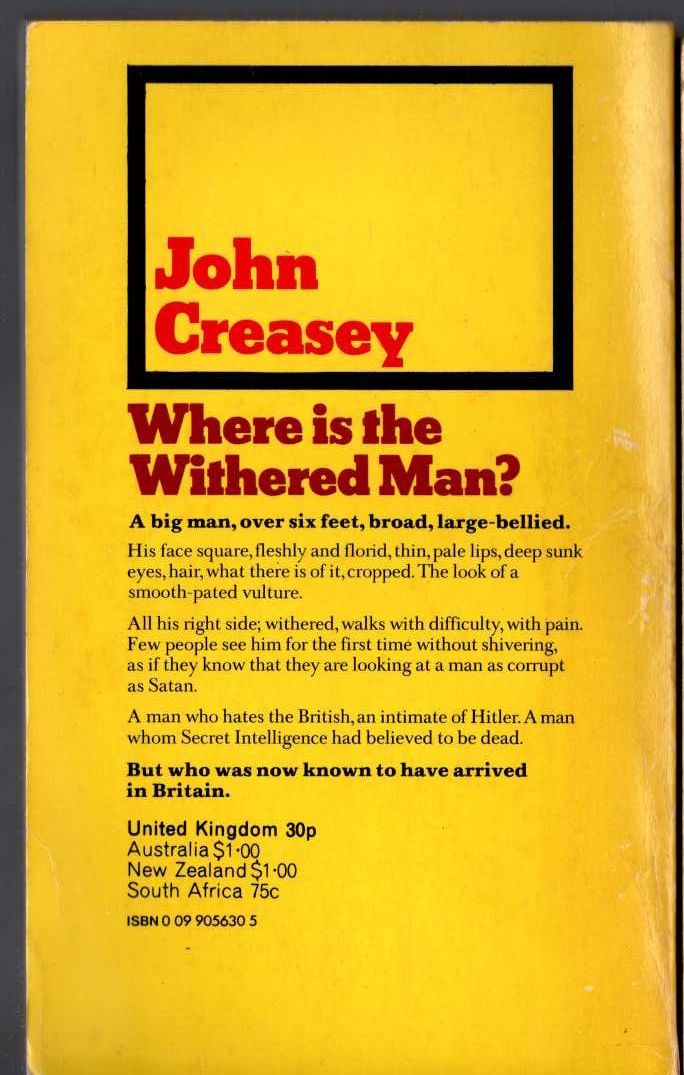 John Creasey  WHERE IS THE WITHERED MAN? magnified rear book cover image