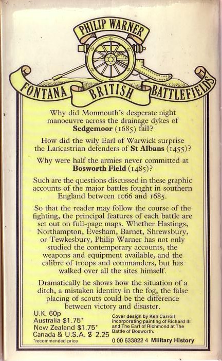 Philip Warner  BRITISH BATTLEFIELDS: THE SOUTH magnified rear book cover image