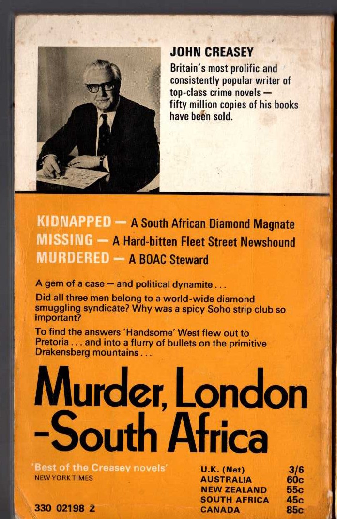 John Creasey  MURDER, LONDON - SOUTH AFRICA magnified rear book cover image