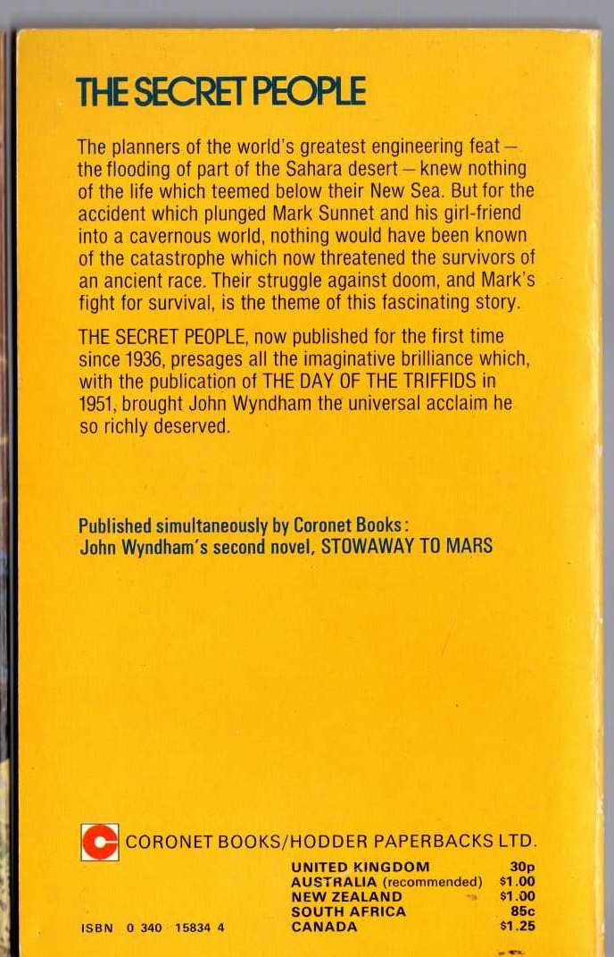 John Wyndham  THE SECRET PEOPLE magnified rear book cover image