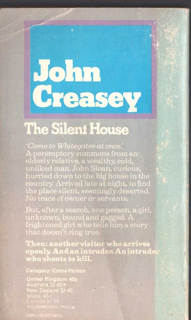 John Creasey  THE SILENT HOUSE magnified rear book cover image